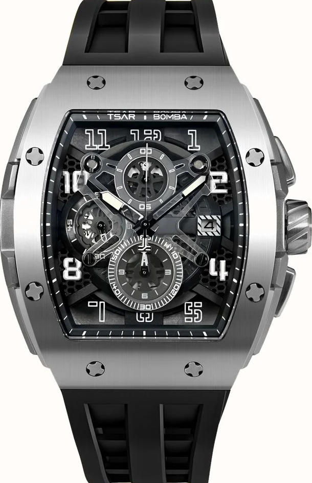 萬年鐘錶 - TSAR BOMBA 機械公爵 元素面盤黑框三眼計時矽膠錶帶男錶  TB8211Q-01 錶徑 46MM