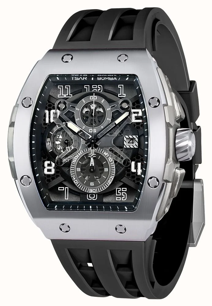 萬年鐘錶 - TSAR BOMBA 機械公爵 元素面盤黑框三眼計時矽膠錶帶男錶  TB8211Q-01 錶徑 46MM