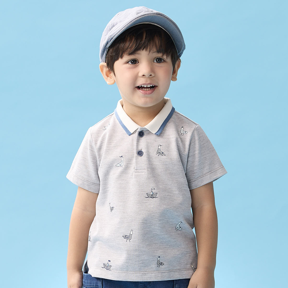 PIPPY休閒小帆船印花翻領短袖上衣 麻灰