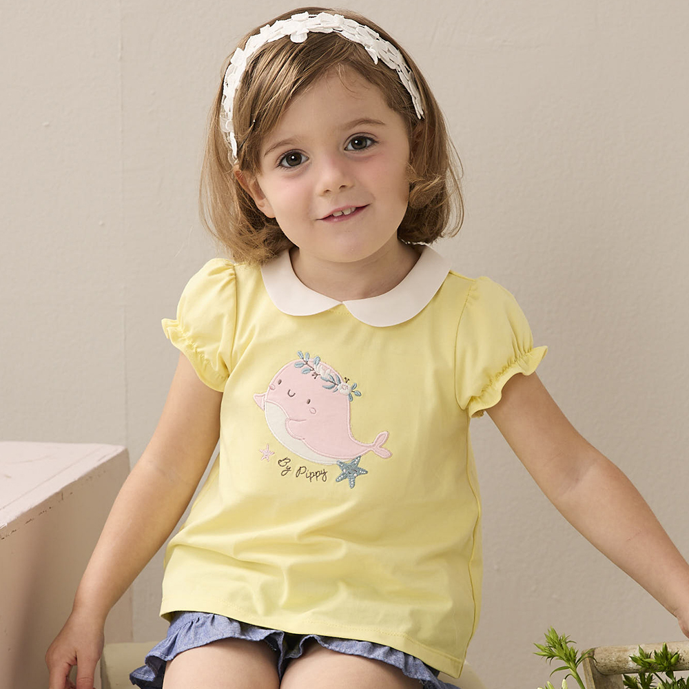 PIPPY俏皮小粉鯨繡花浪漫抽縐短袖上衣 黃