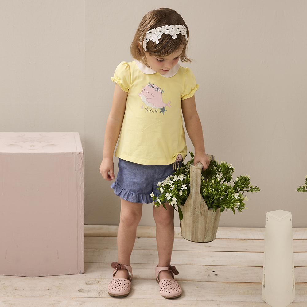 PIPPY俏皮小粉鯨繡花浪漫抽縐短袖上衣 黃