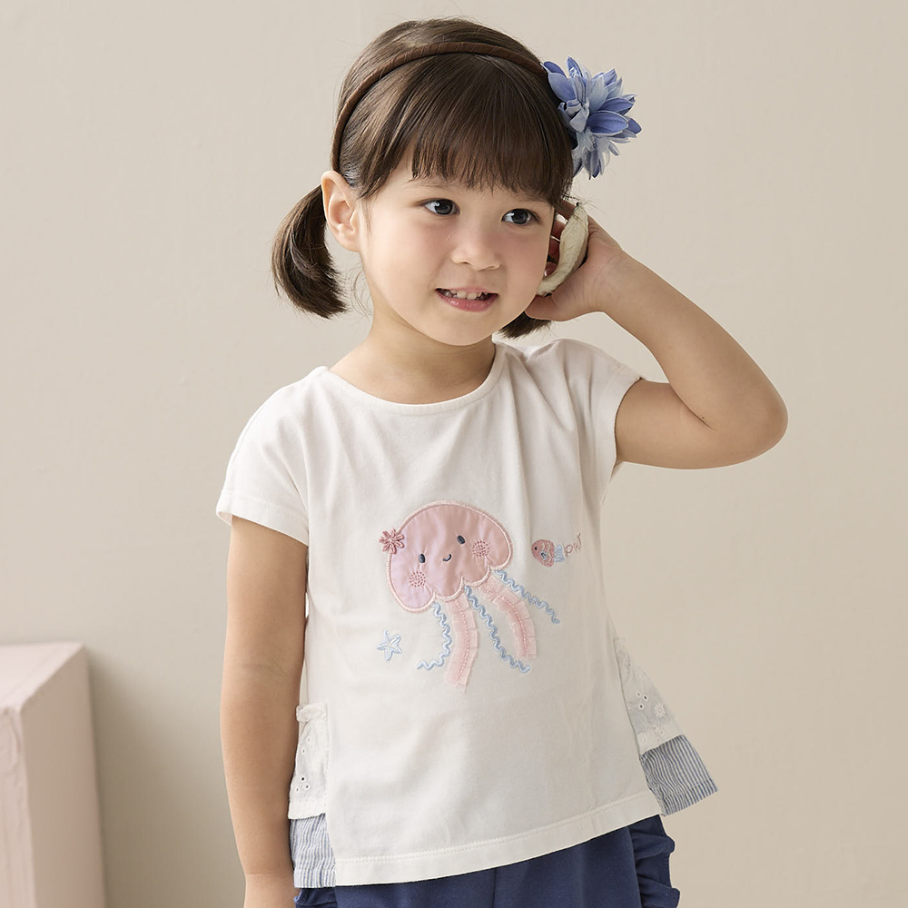 PIPPY 可愛水母繡花下擺剪接假兩件短袖上衣 米白