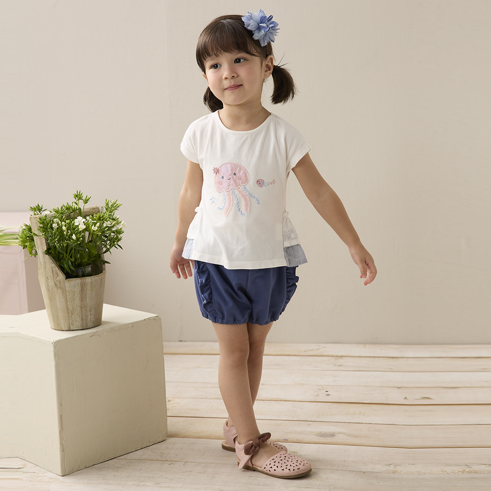 PIPPY 可愛水母繡花下擺剪接假兩件短袖上衣 米白