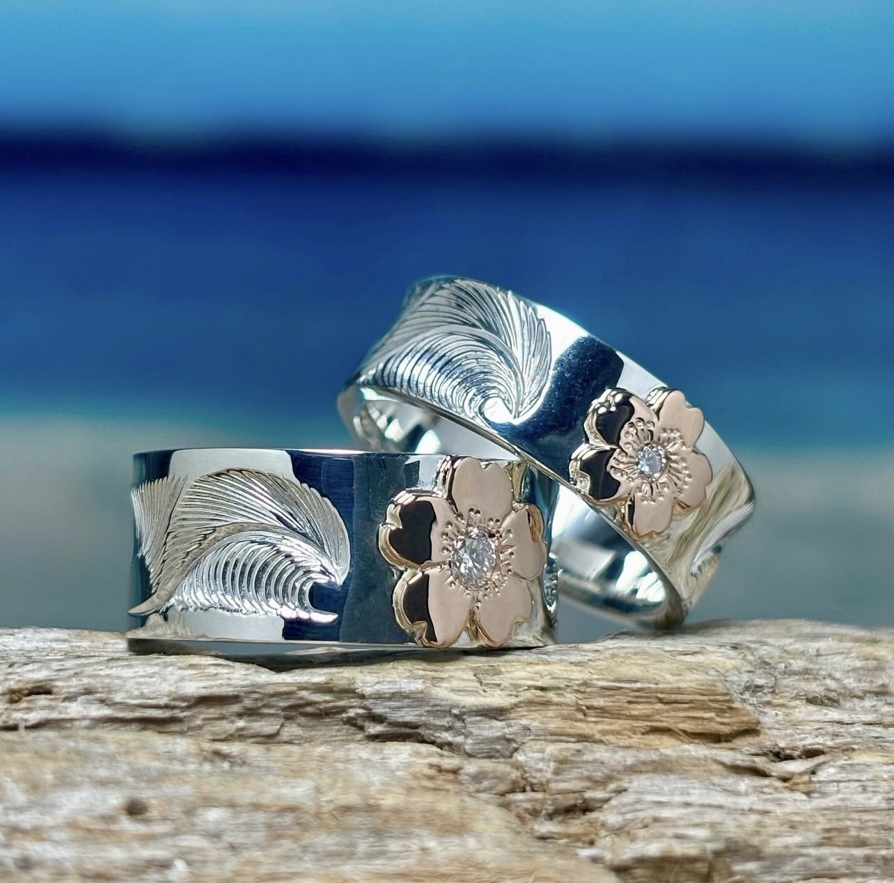 K18 Diamond Sakura Motif Nalu & Rising Sun 8mm Ring With 2mm Diamond