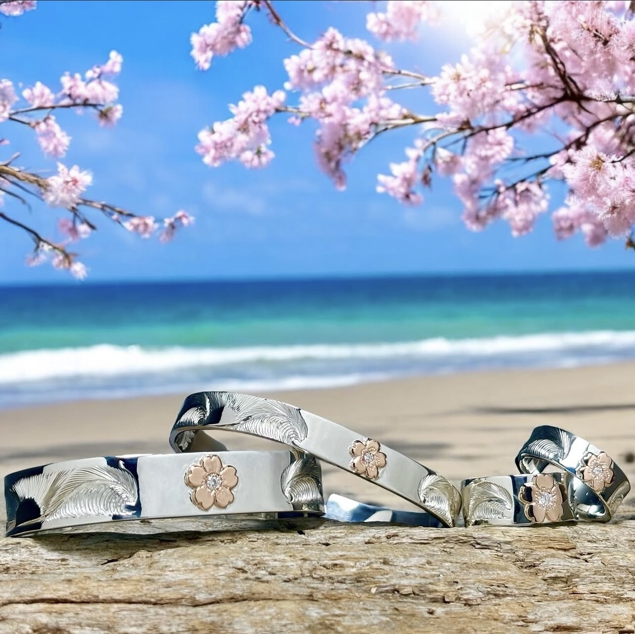 K18 Diamond Sakura Motif Nalu & Rising Sun 8mm Ring With 2mm Diamond