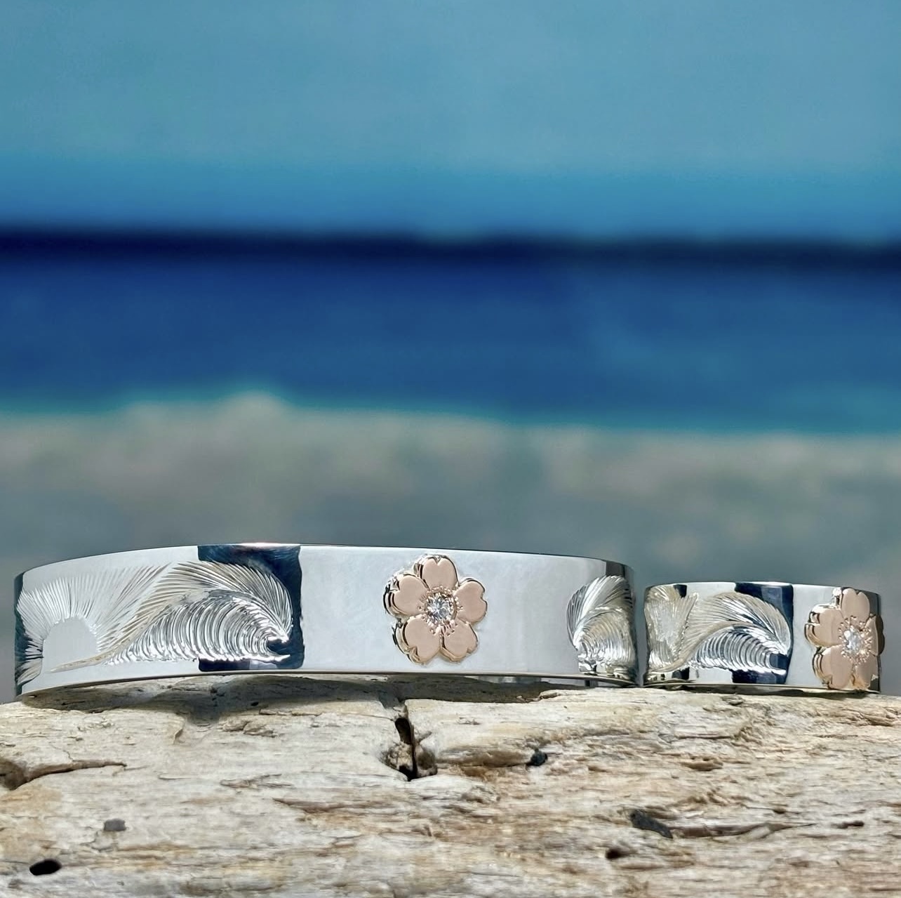 K18 Diamond Sakura Motif Nalu & Rising Sun Bangle 12mm With 3mm Diamond