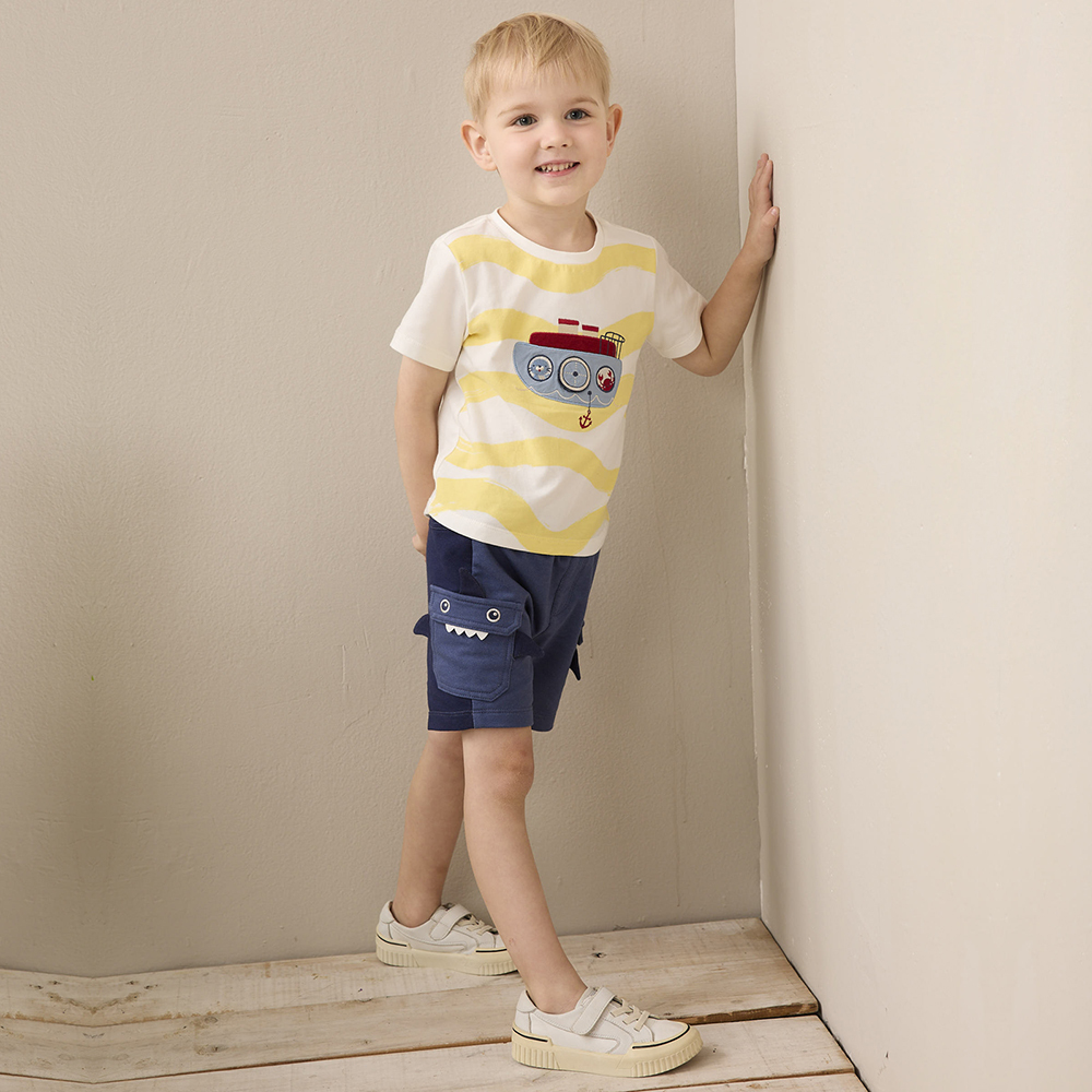 PIPPY休閒跳色鯊魚造型大口袋短褲 藍