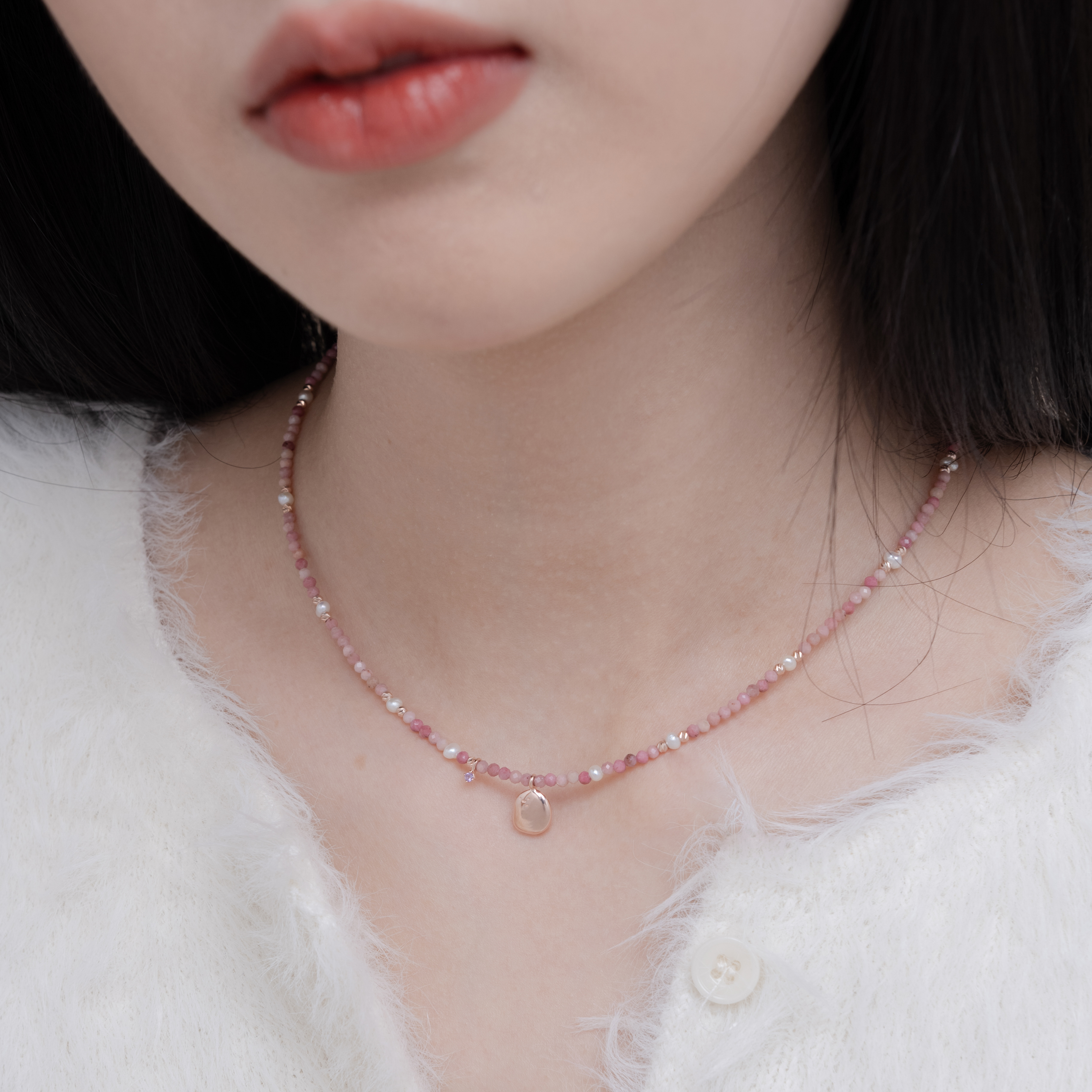 阿泥紅紋石小珍珠手工項鍊