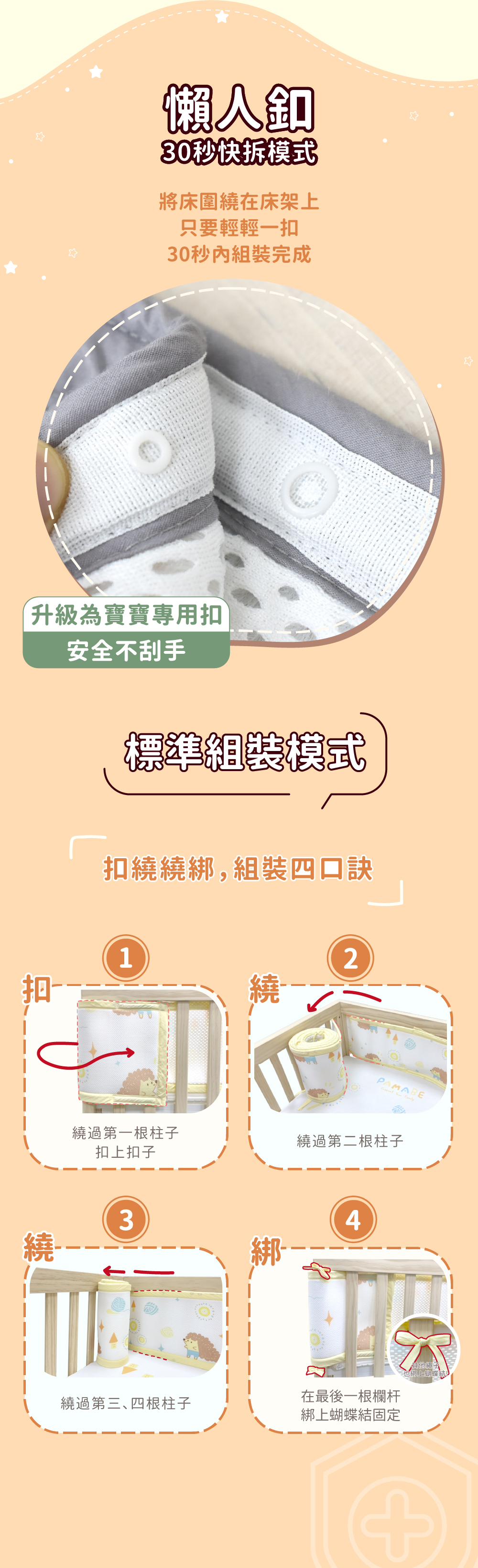 PAMABE透氣床圍防護墊，採用寶寶專用扣+懶人扣設計，安全不刮手、30秒快拆速裝模式