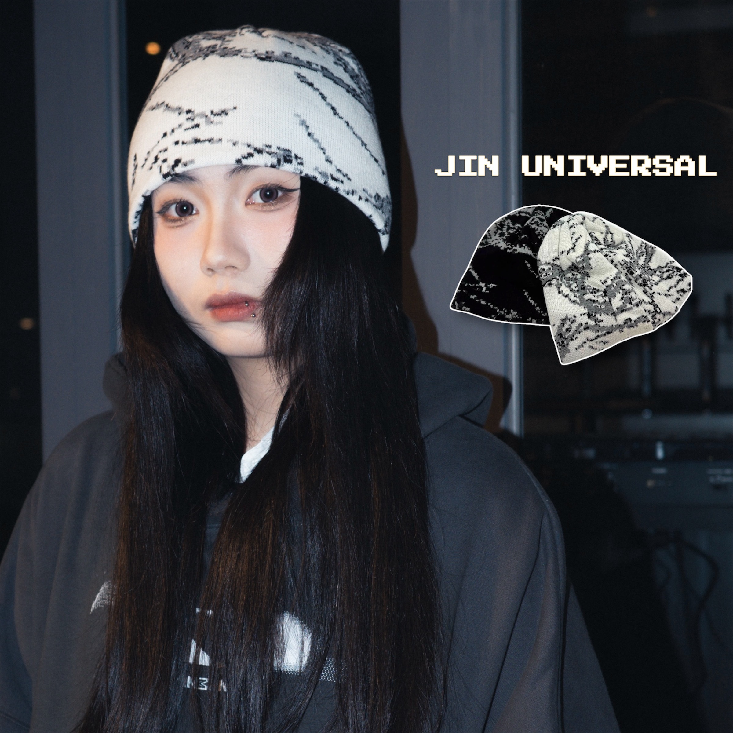 JIN UNIVERSAL🇰🇷像素迷彩撞色毛帽