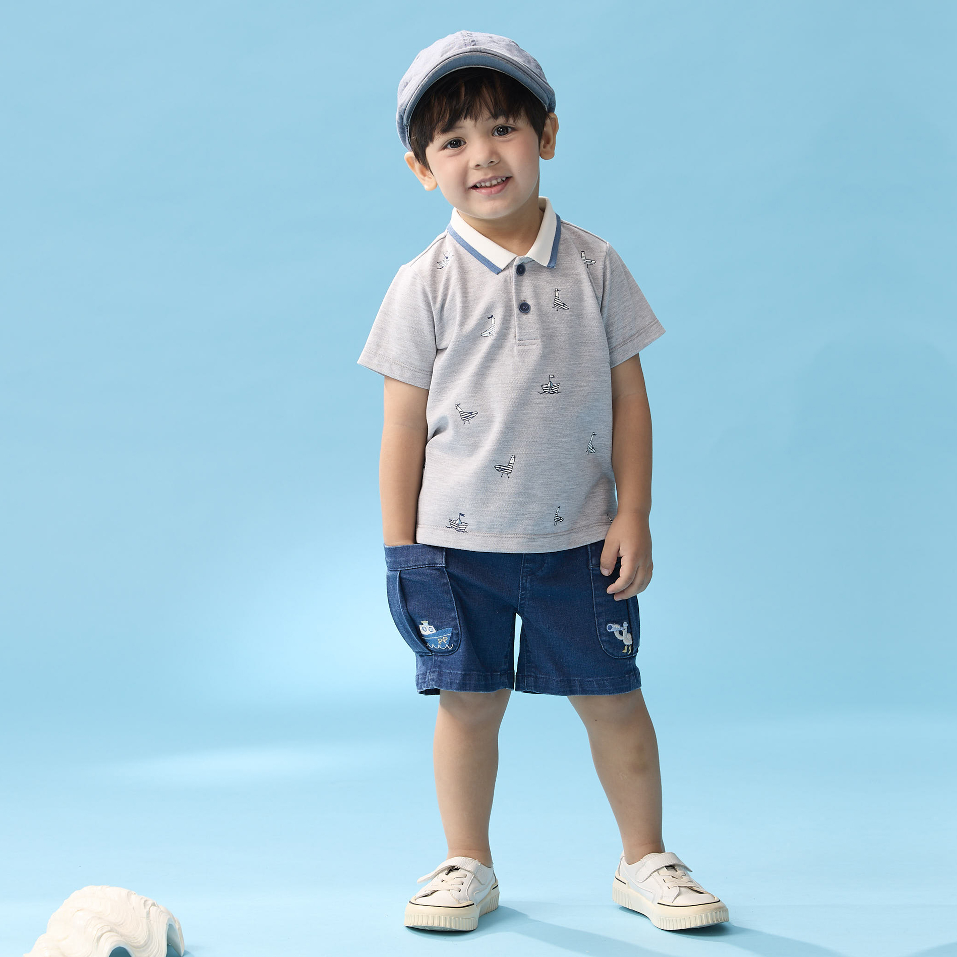 PIPPY 立體口袋彈性棉質短褲 藍