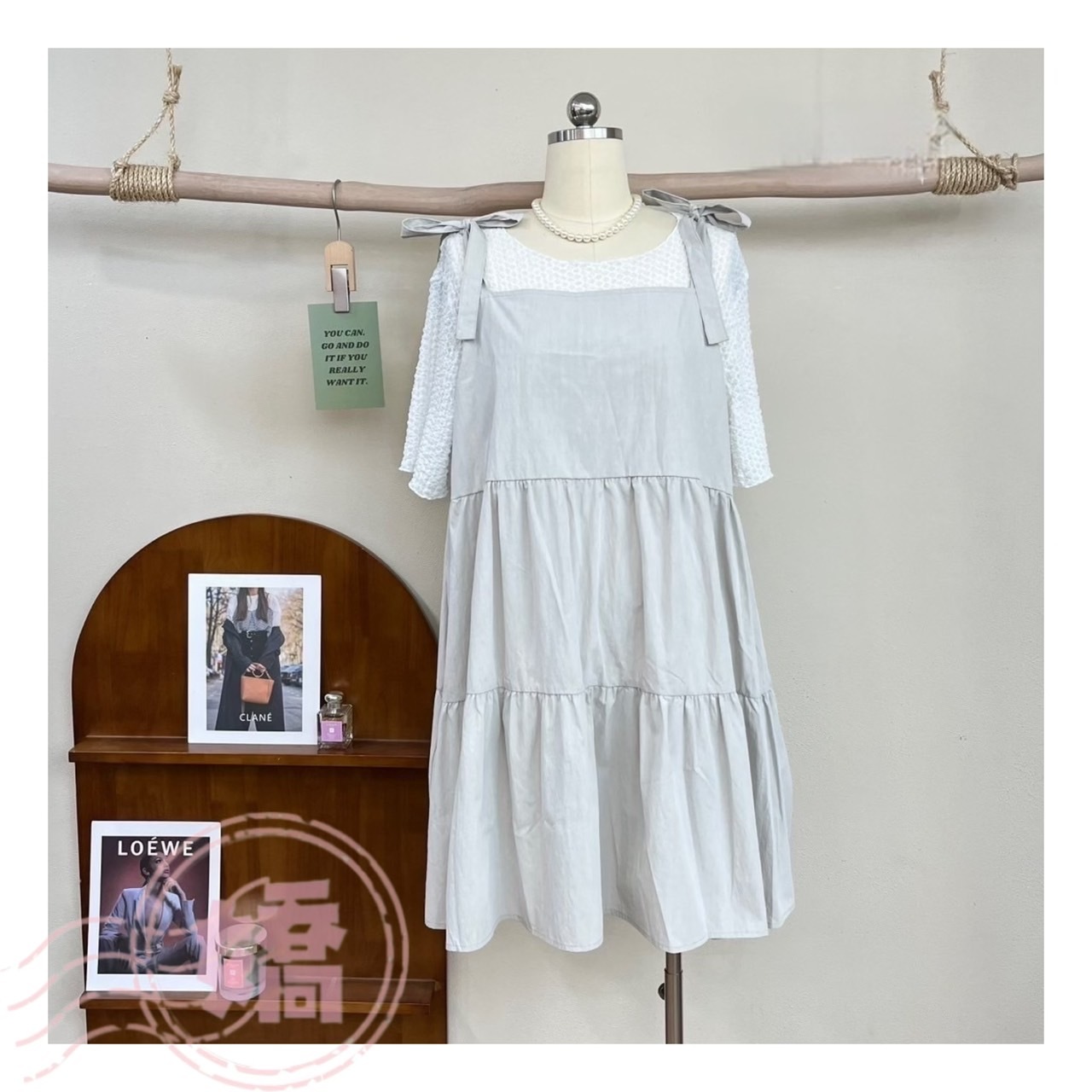 T02001肩綁帶蛋糕短洋(灰)