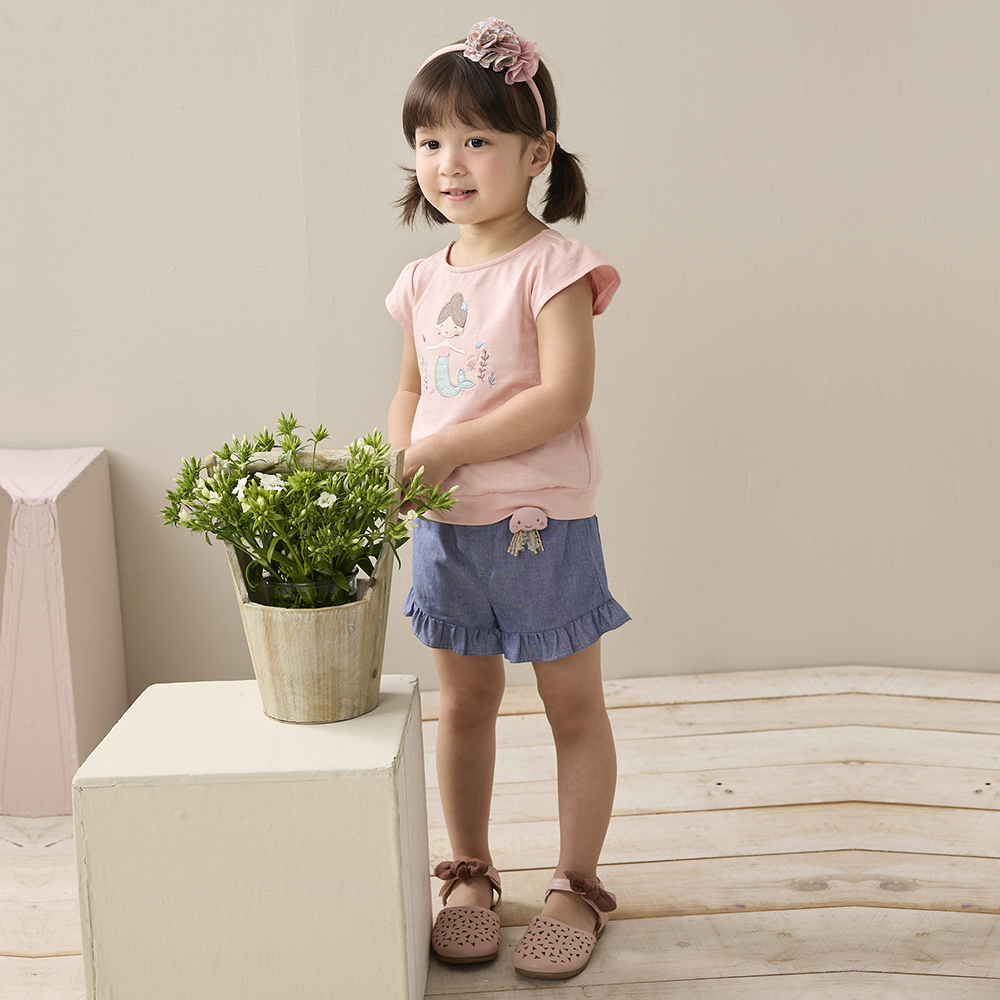 PIPPY 可愛小水母別針復古波浪短褲 藍