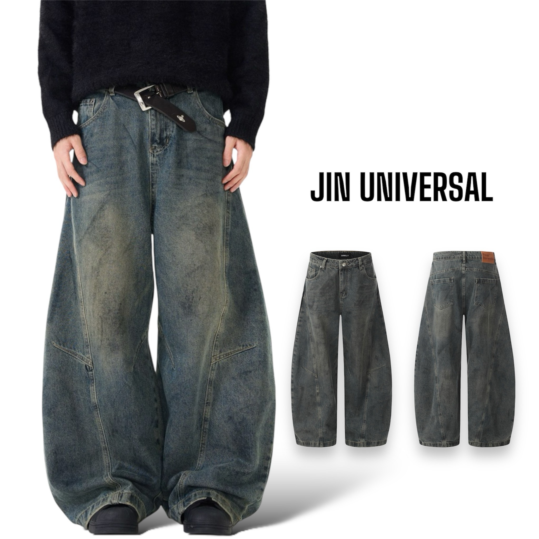 JIN UNIVERSAL復古做舊彎刀牛仔褲