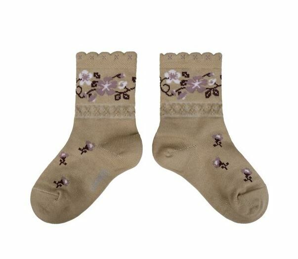 COLLEGIEN 花漾花邊短襪Camélia- Petite Taupe 奶茶