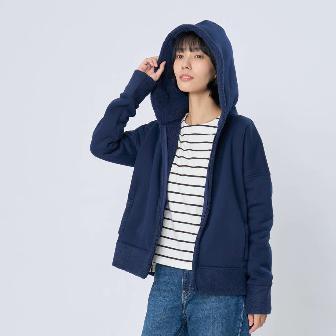 Fanny連帽搖粒絨厚磅外套/深藍