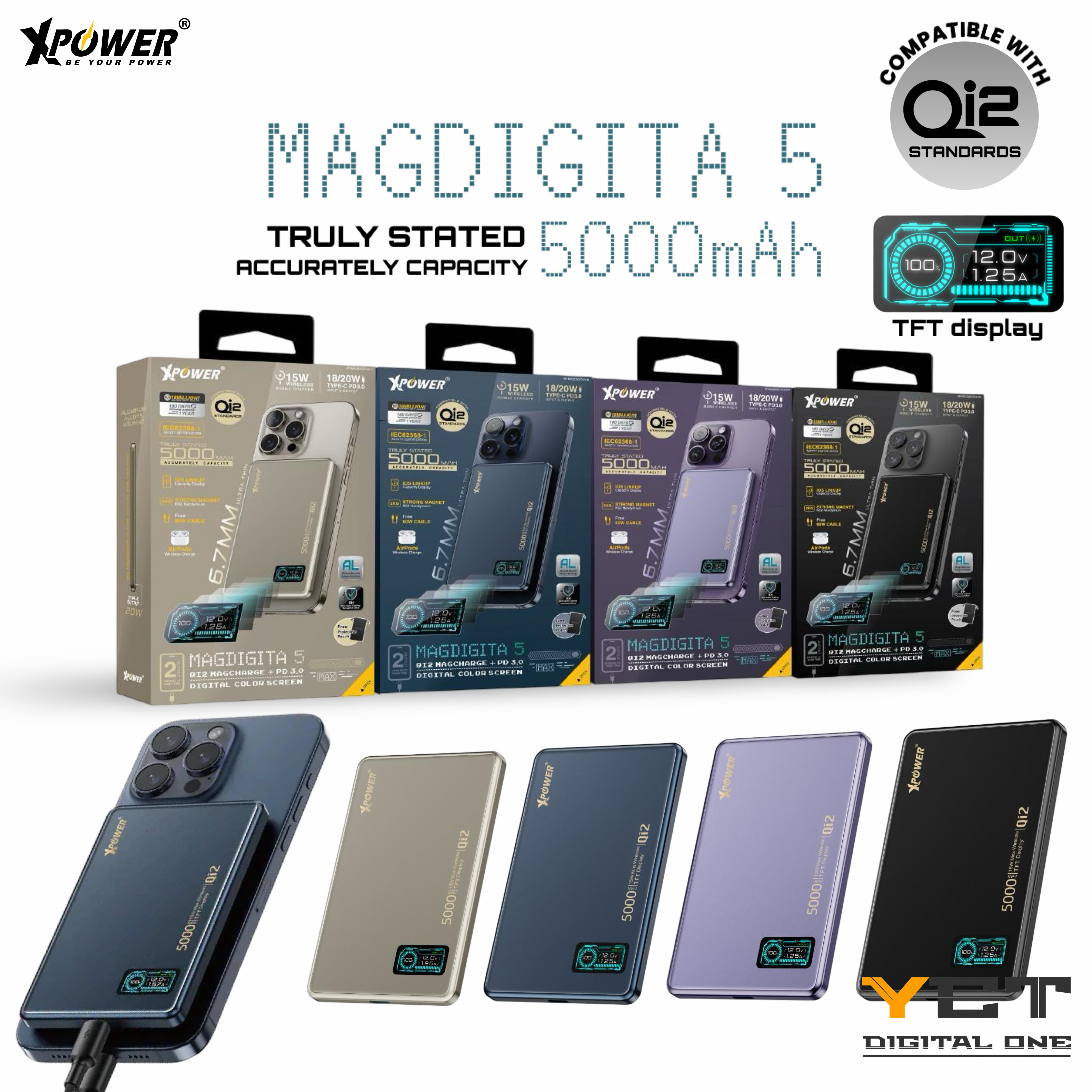 XPower MagDigita5 彩屏顯示鋁合金外殼 5000mAh PD3.0+QI2 磁吸移動電源