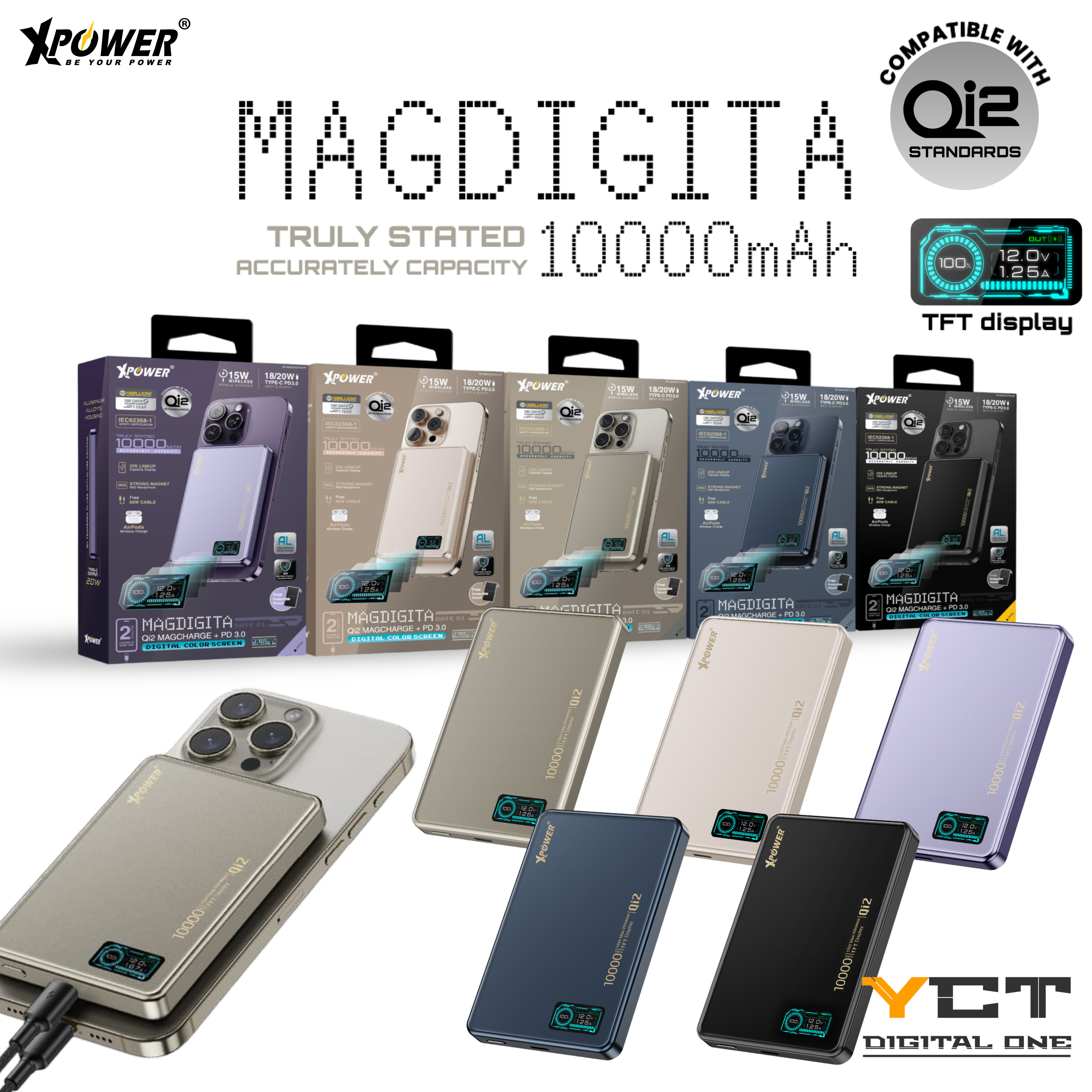 XPower MagDigita彩屏顯示鋁合金外殼 10000mAh PD3.0+QI2 磁吸移動電源