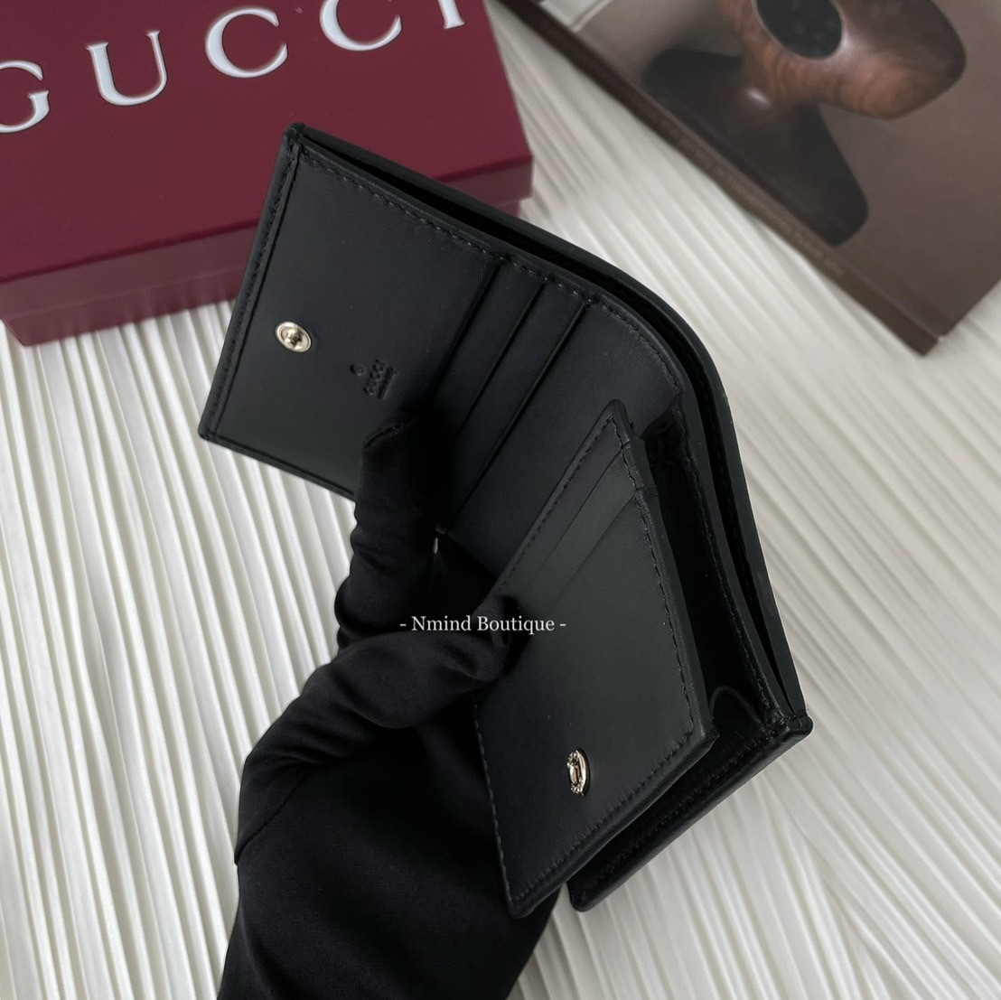 GUCCI HORSEBIT 1955 CARD CASE WALLET / Beige and Dark Brown GG Monogram and  Black Leather
