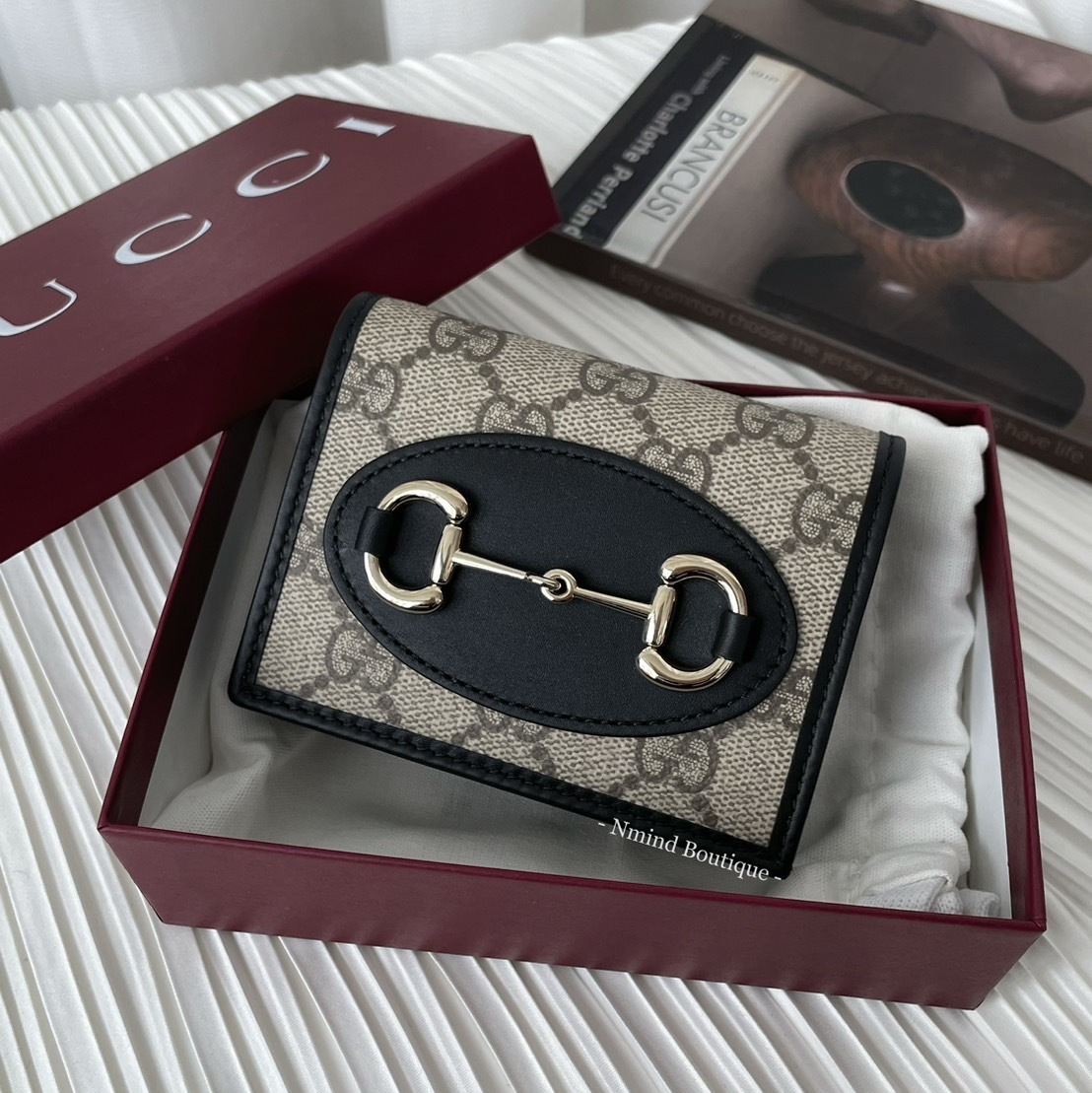 GUCCI HORSEBIT 1955 CARD CASE WALLET / Beige and Dark Brown GG Monogram and  Black Leather