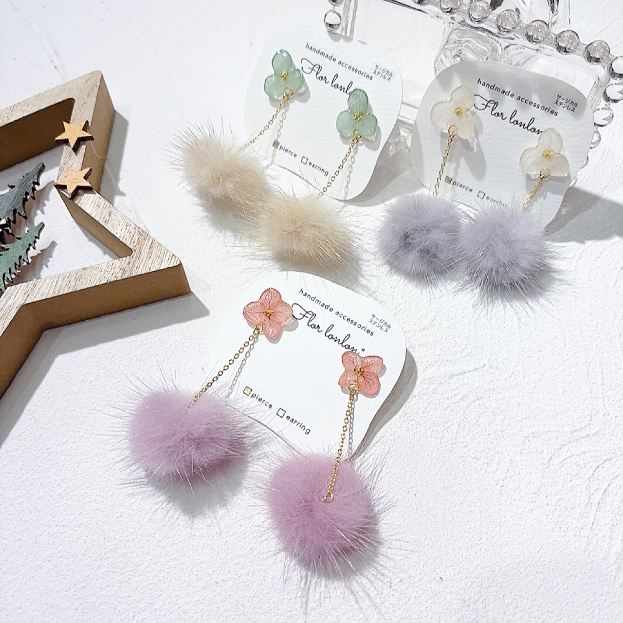 [手作] 紫陽花毛毛耳環