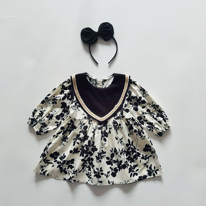 -限量-[ 送髮帶 ] 米黑大V花花-春秋長袖純棉包屁衣/洋裝(66-90)