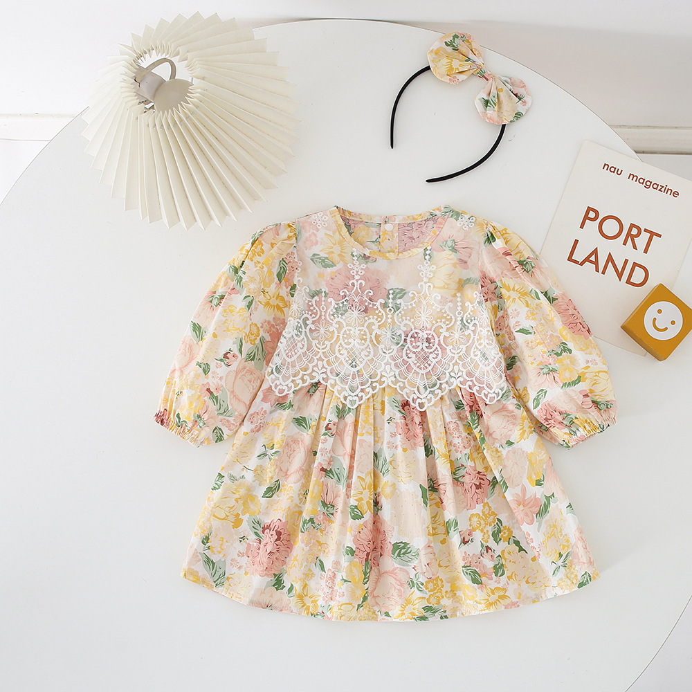 -限量-[ 送髮帶 ] 蕾絲花花-春秋長袖純棉包屁衣/洋裝(66-90)