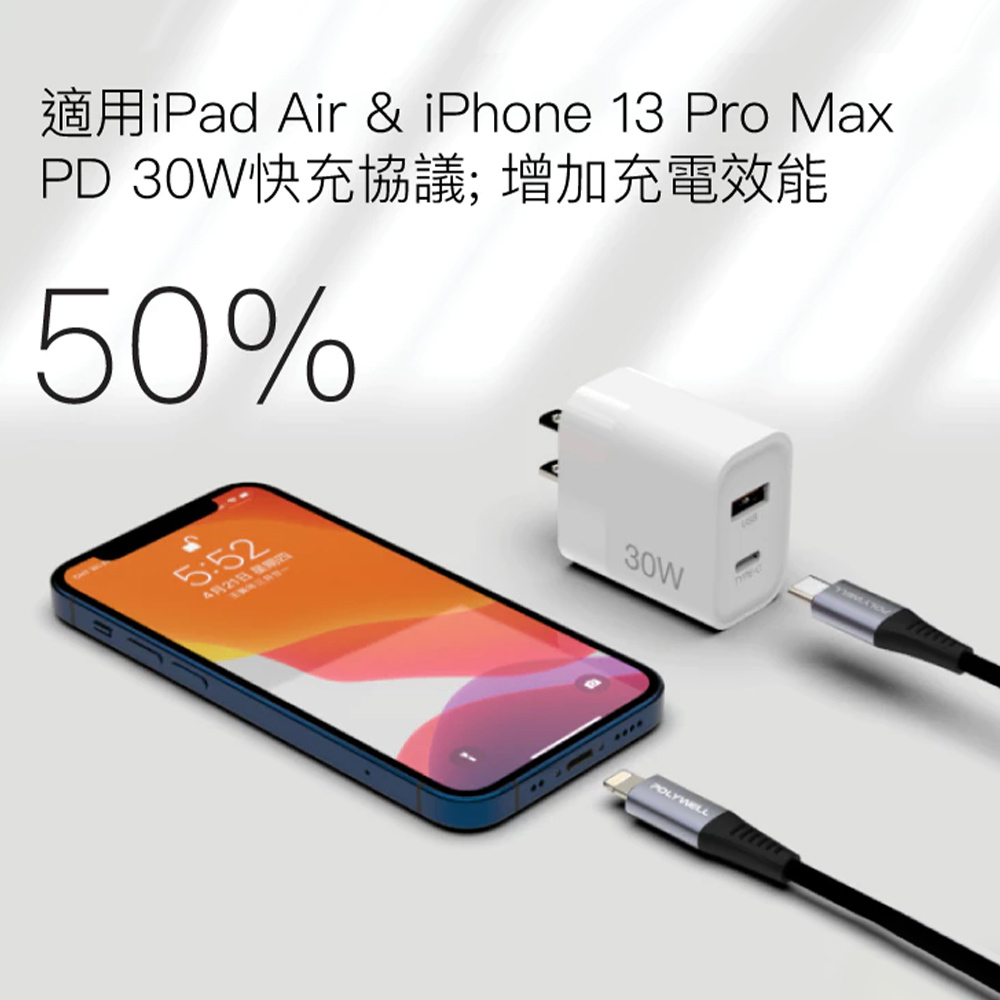 PD雙孔快充頭 30W POLYWELL Type-C充電器 豆腐頭 適用蘋果iPhone快充 寶利威爾【DZ0212】