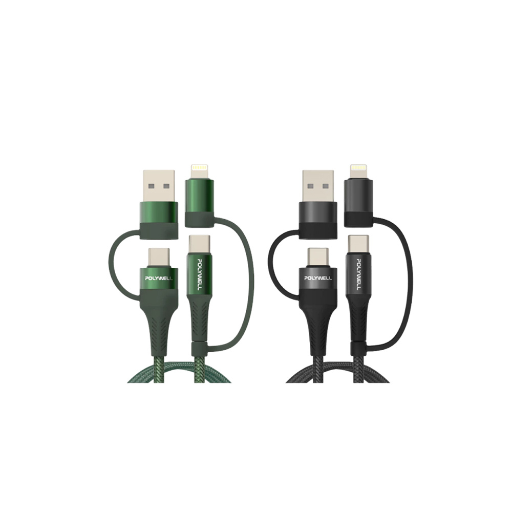 POLYWELL 四合一PD編織快充線 USB+TypeC+Lightning 1米 2米 寶利威爾【DZ0213】