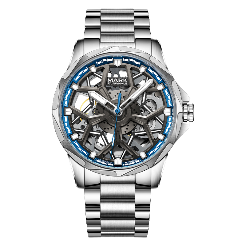 【Mark Fairwhale 馬克菲爾】FW-6800 夜光指針刻度錶盤 不鏽鋼錶帶/雙面鏤空 機械錶