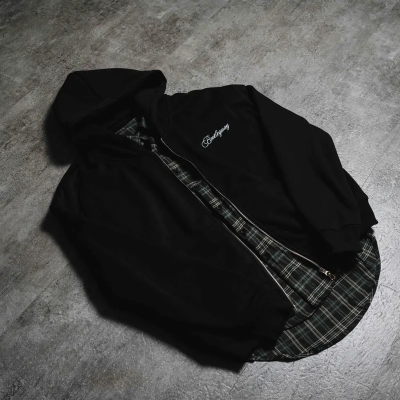 Bootlegway / BTLG Flannel Hoodie Black 假兩件 襯衫 外套 黑綠