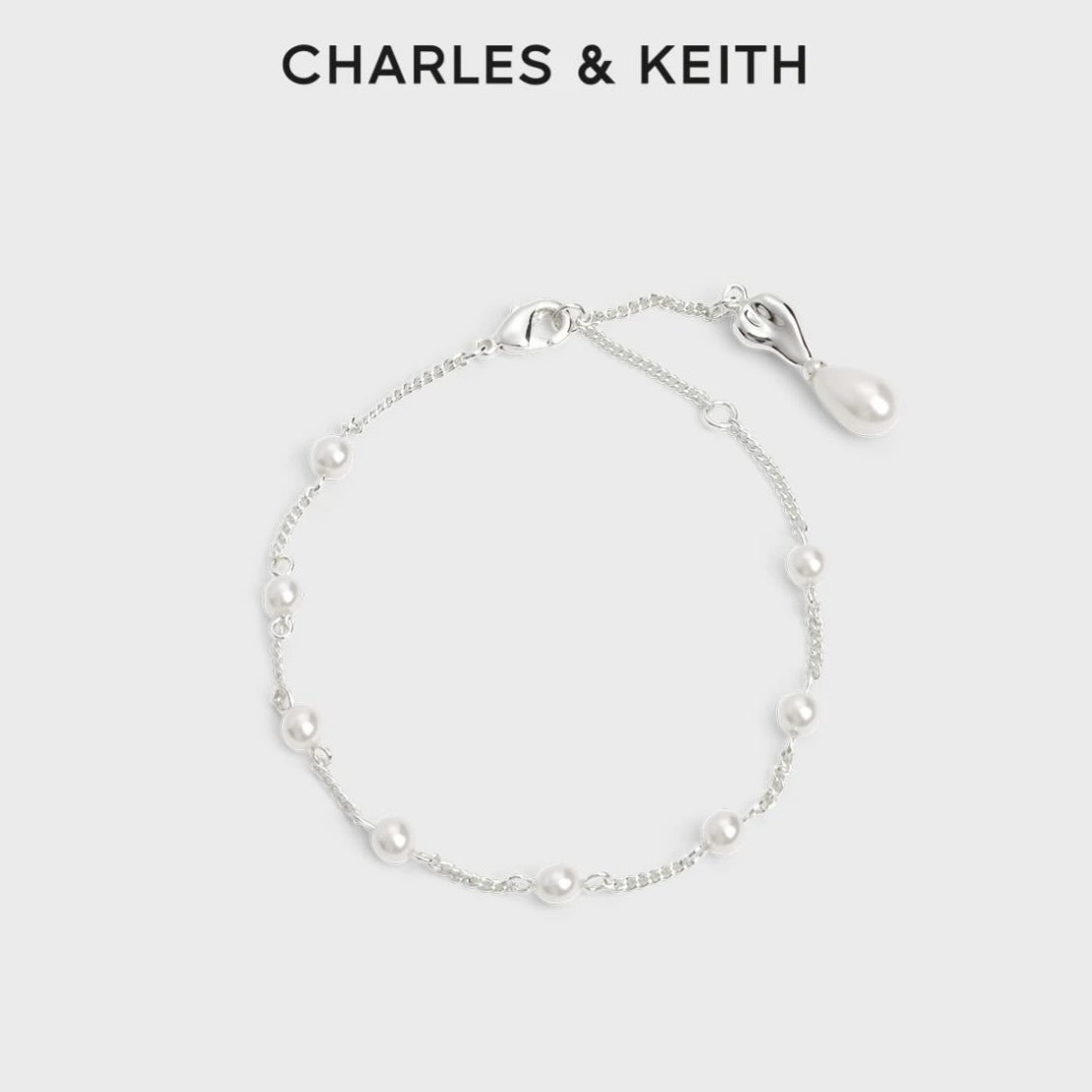 <情人節必買>Charles & Keith Corrine 珍珠 銀色 小ck 手鍊 戒指