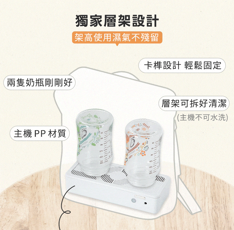 隨行巧烘包配有毒奶嘴支架，烘乾消毒更方便