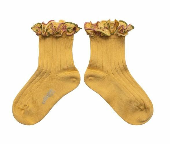 COLLEGIEN 花卉刺繡荷葉邊低筒襪 Anémone- Camomille洋甘菊黃