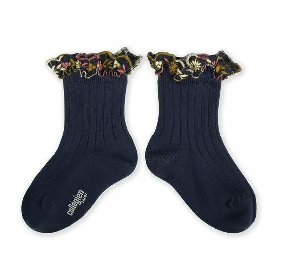 (預購) COLLEGIEN 花卉刺繡荷葉邊低筒襪 Anémone - 044 Nuit Etoilée 星夜藍