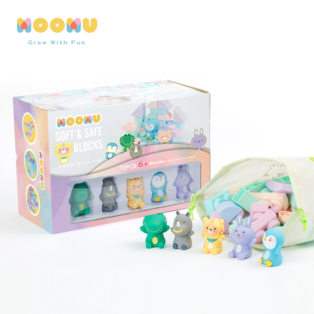 【MOOMU】香草軟積木 72 片 + 動物造型指偶公仔 5 入 (贈收納袋)