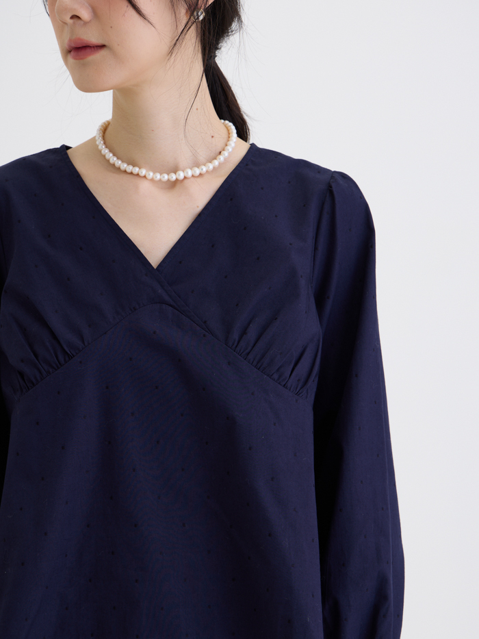 夜曲V領縮口長袖上衣-藏青