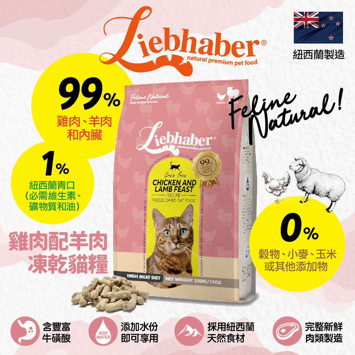 【現貨7折】Liebhaber 雞肉+羊肉凍乾生肉貓糧 11oz