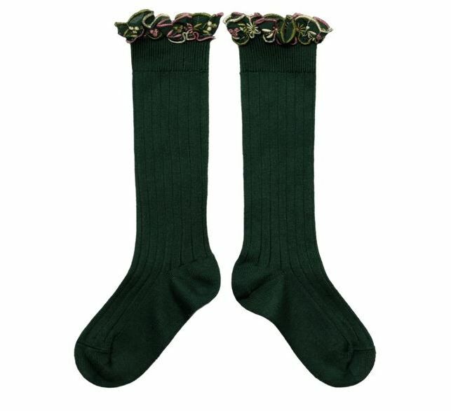 COLLEGIEN 花卉刺繡荷葉邊高筒襪 Eglantine- Vert Forêt森林綠