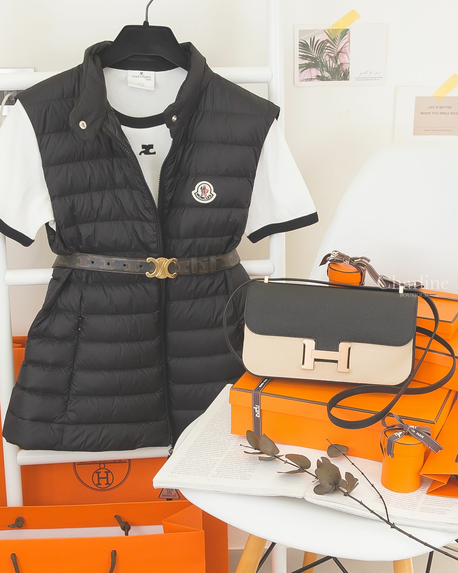 Hermès Constance 1-Elan 黑色玫瑰金釦,Moncler Igens Down Gilet 黑色小立領拉鍊口袋傘狀羽絨背心,Celine 棕褐色凱旋門老花帆布金色凱旋門2.5cm皮帶-Charline Boutique 精品代購
