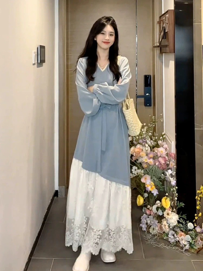 蕾絲綁帶洋裝-一色