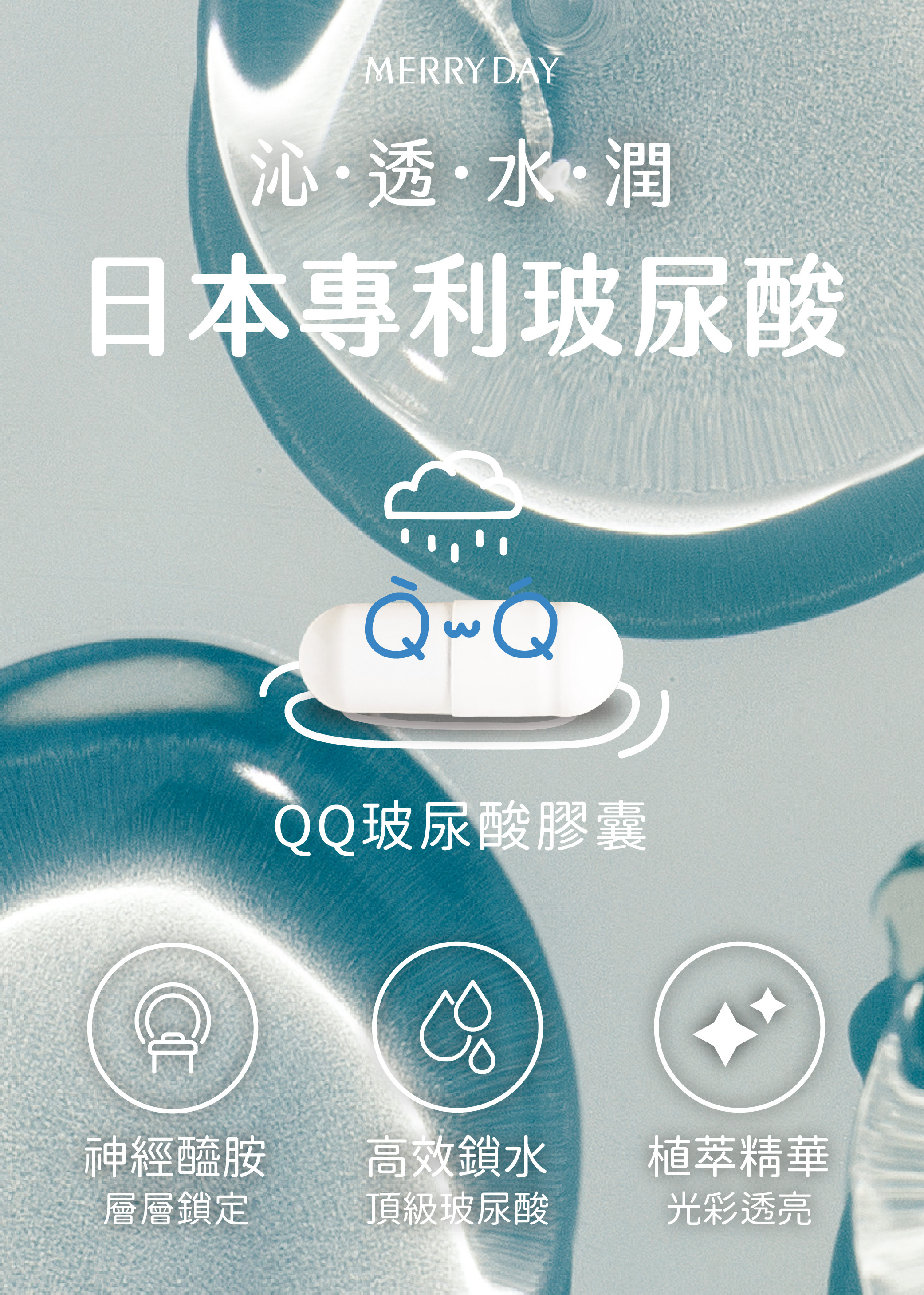 QQ玻尿酸膠囊搭配神經醯胺(分子釘)玄米賽洛美,層層鎖定水份,讓肌膚Q彈光潤