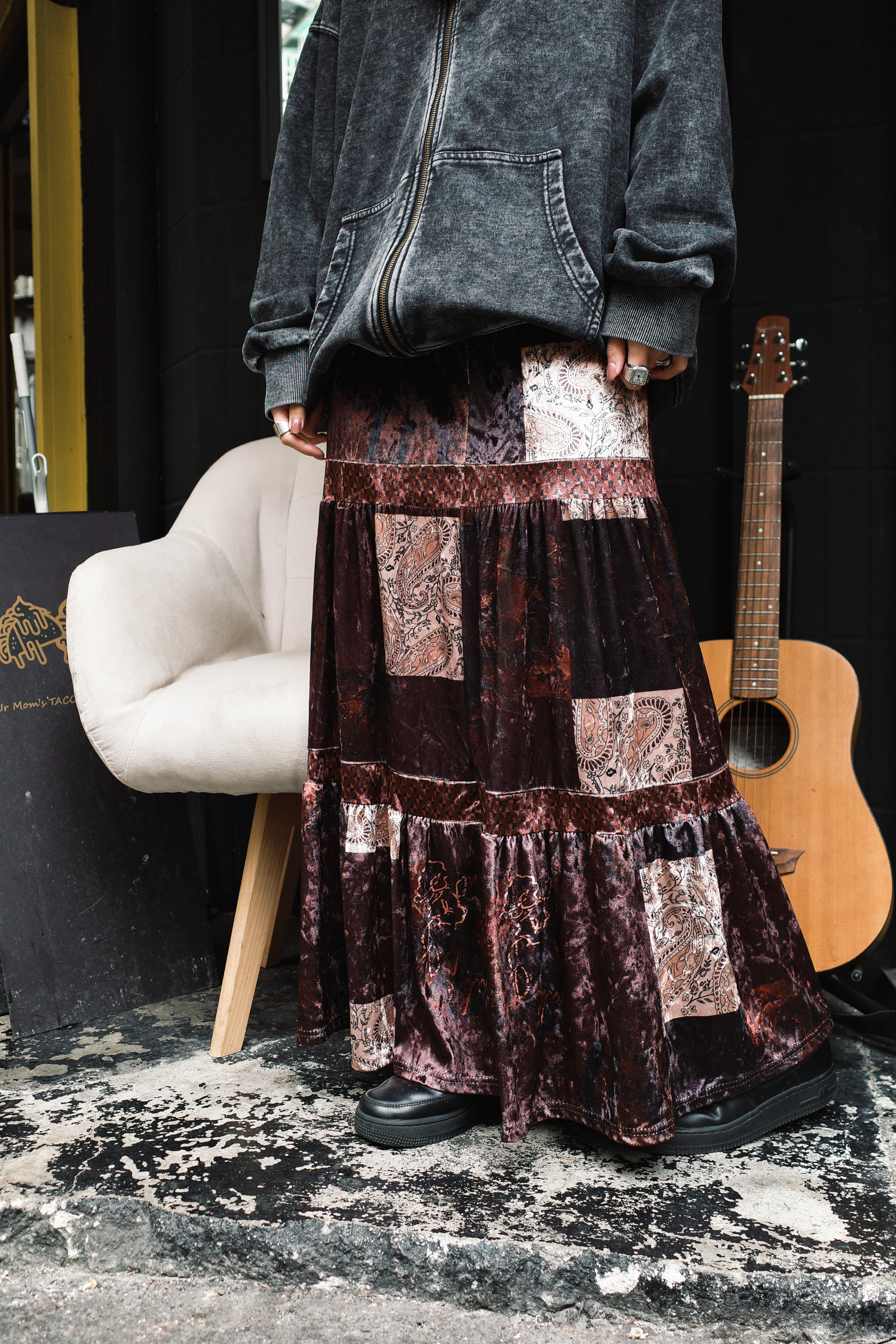 『Always_Good』拼布 絲絨 做舊感 半身長裙