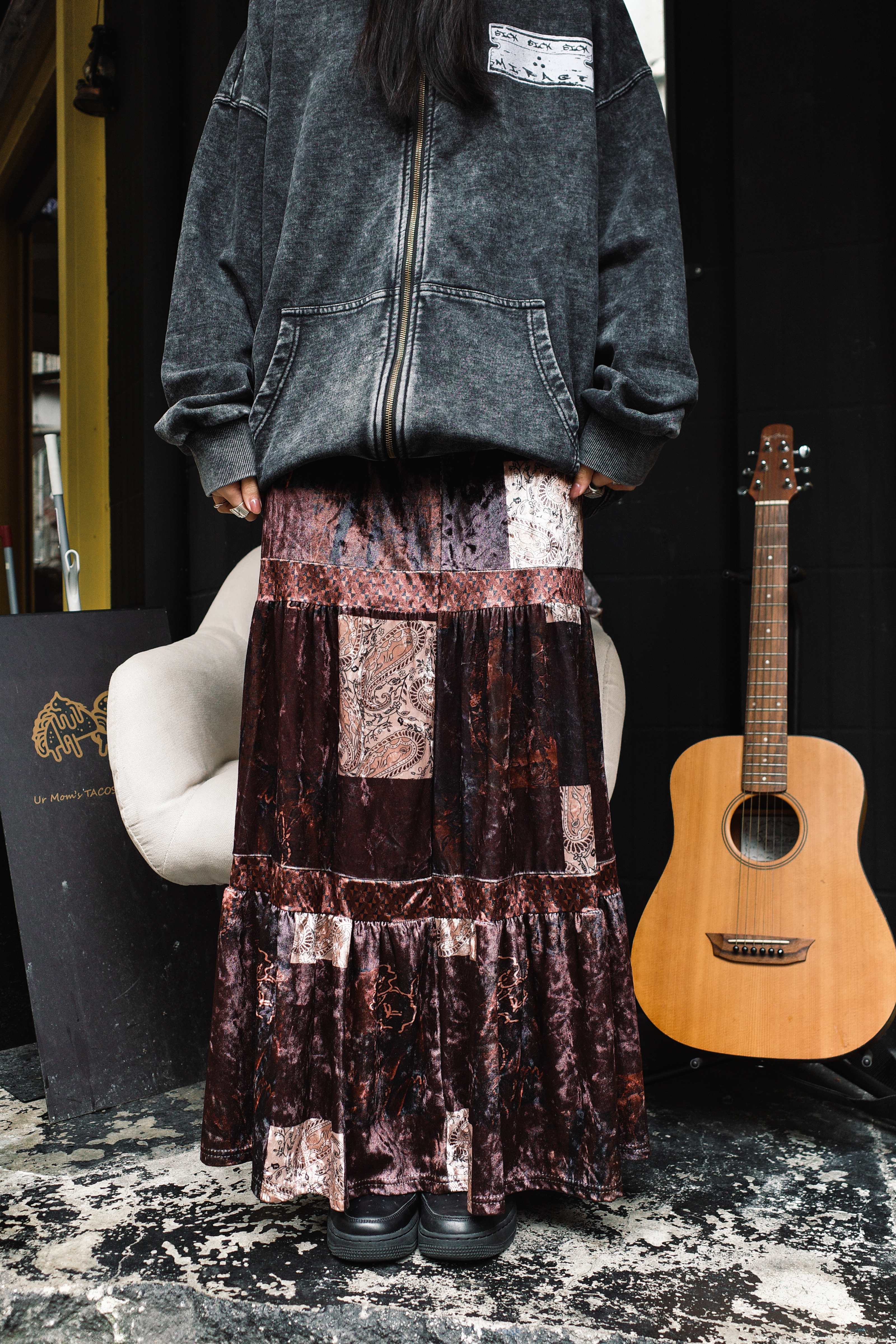 『Always_Good』拼布 絲絨 做舊感 半身長裙