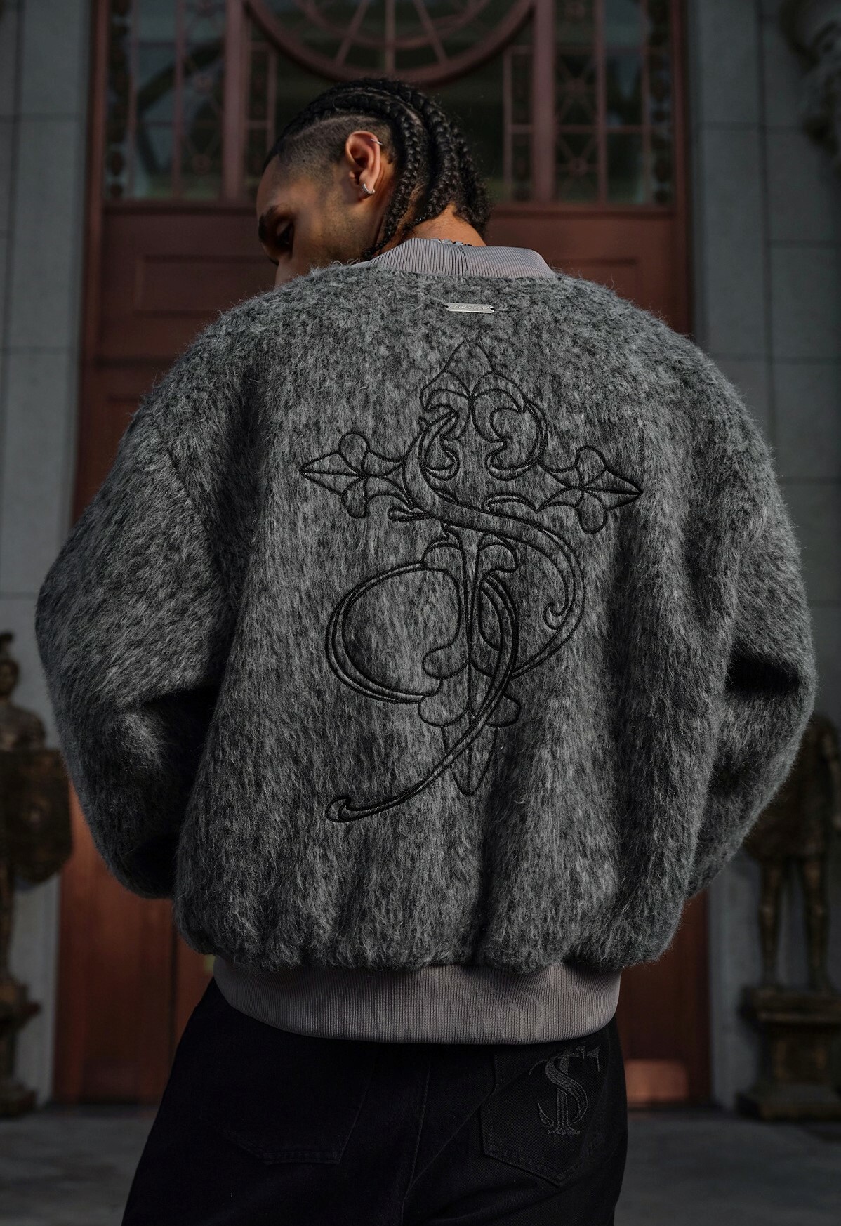 STK SmallTownKid  深灰長毛  十字刺繡 飛行外套