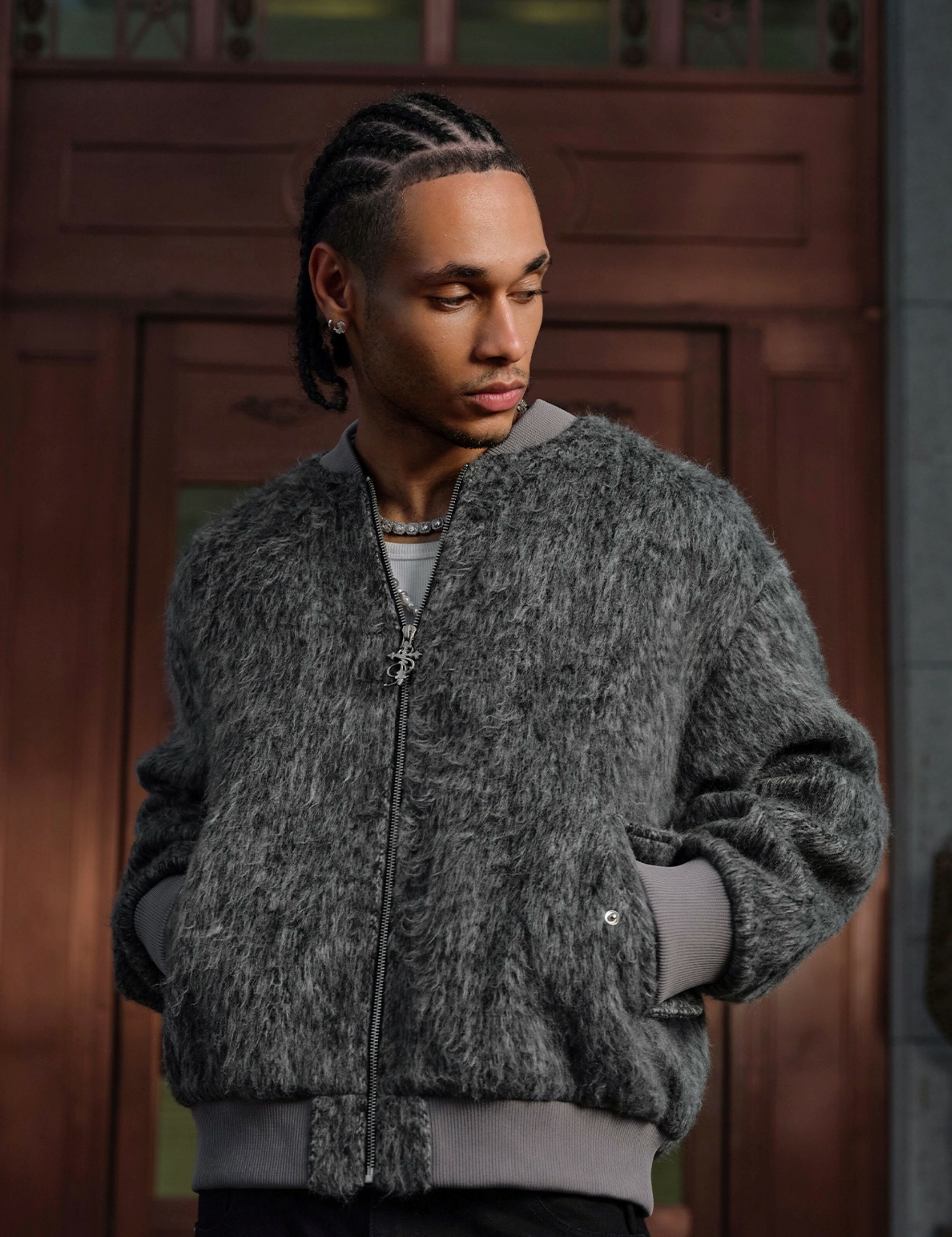 STK SmallTownKid  深灰長毛  十字刺繡 飛行外套