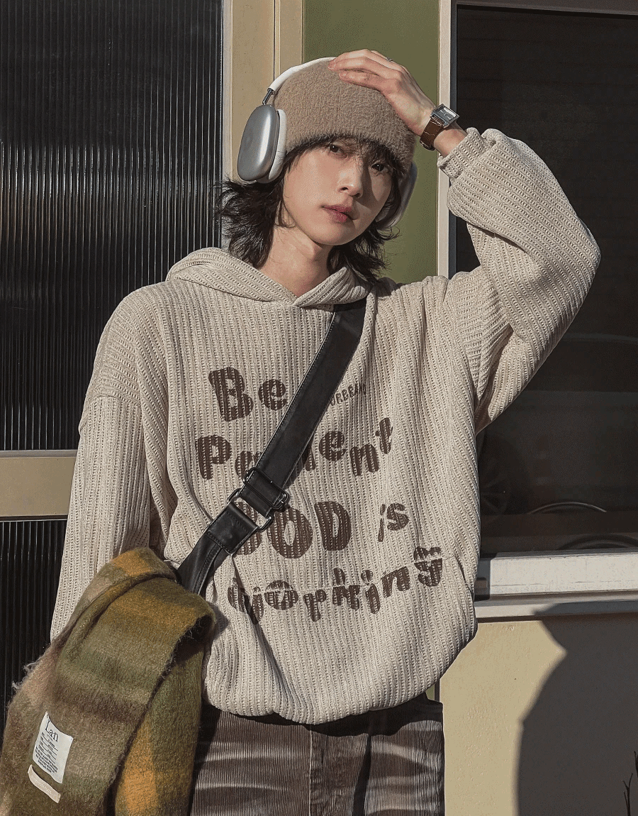 字母印花針織連帽衫帽T