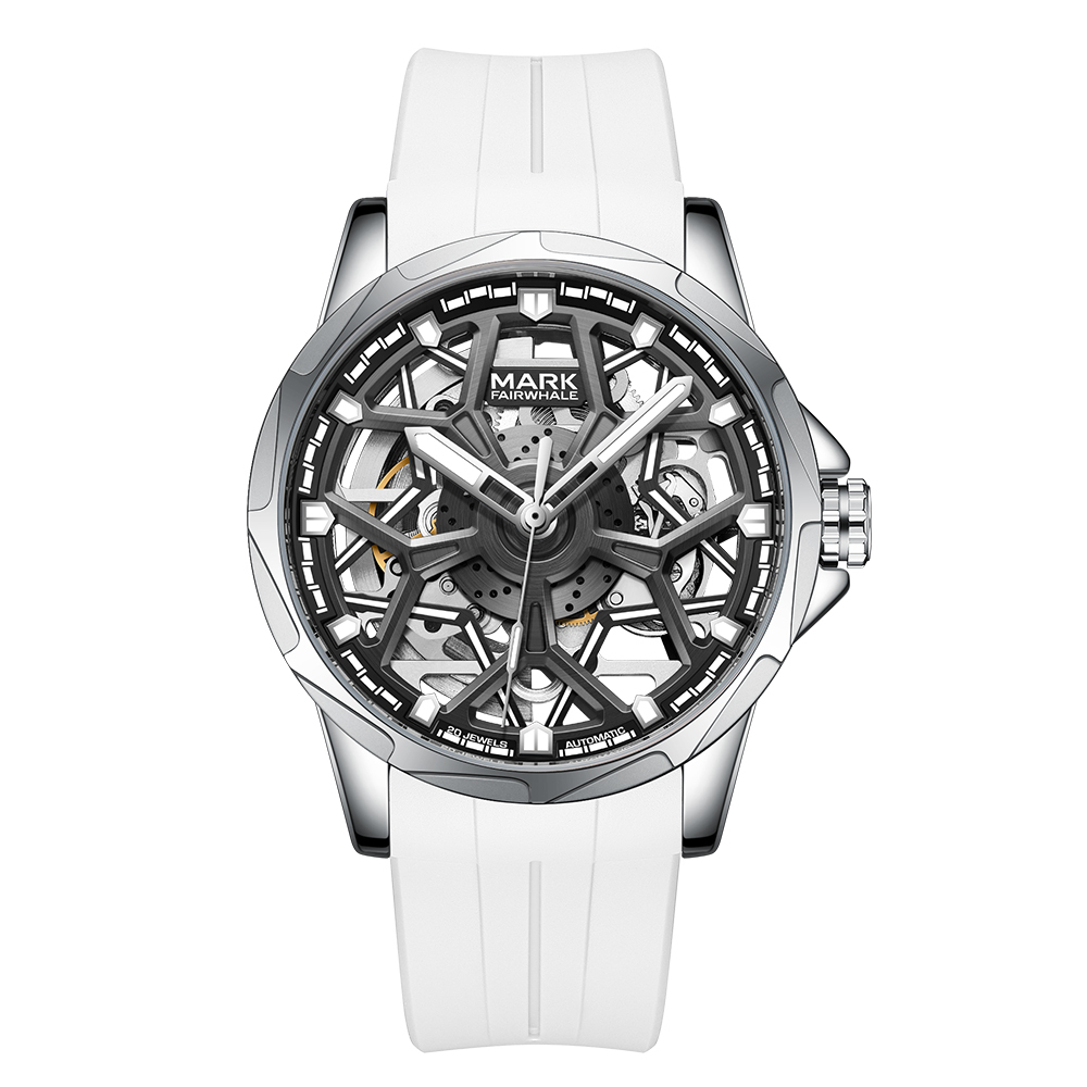 【Mark fairwhale 馬克菲爾】FW-6800-P 潮流時尚 立體結構 雙面鏤空 夜光指針刻度 矽膠錶帶 機械 手錶