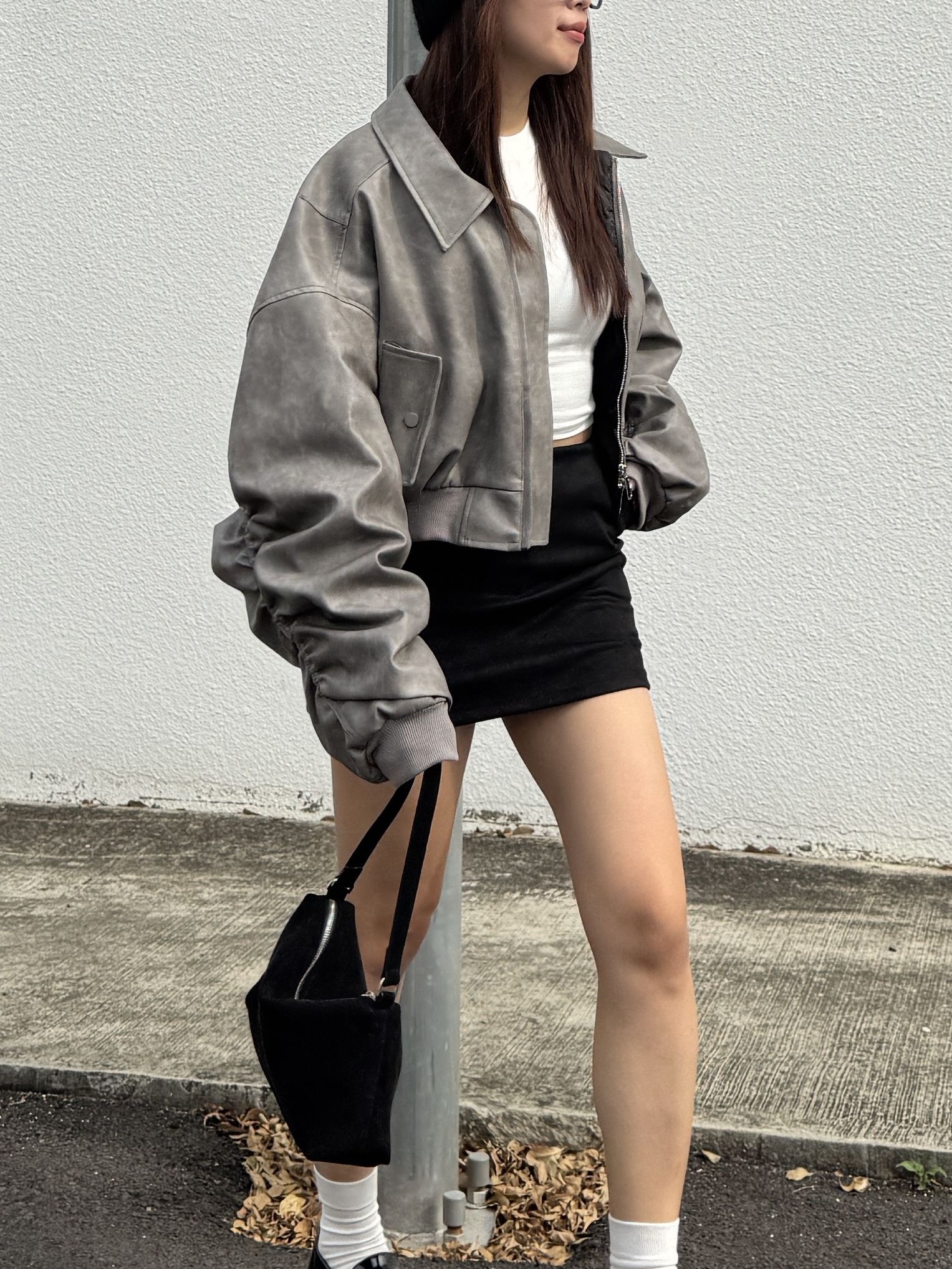 翻領洗水皮革短版外套(2色)