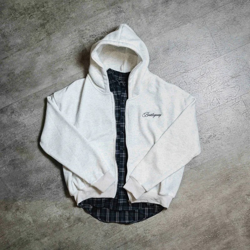 Bootlegway / BTLG Flannel Hoodie Grey 假兩件 襯衫 外套 灰藍